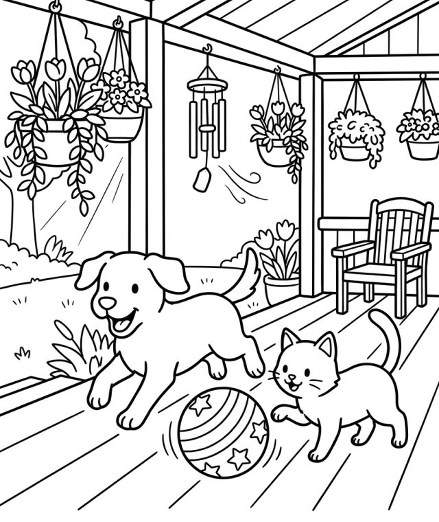 Cat And Dog Playing Ball 202609011803 Coloring Page free printable