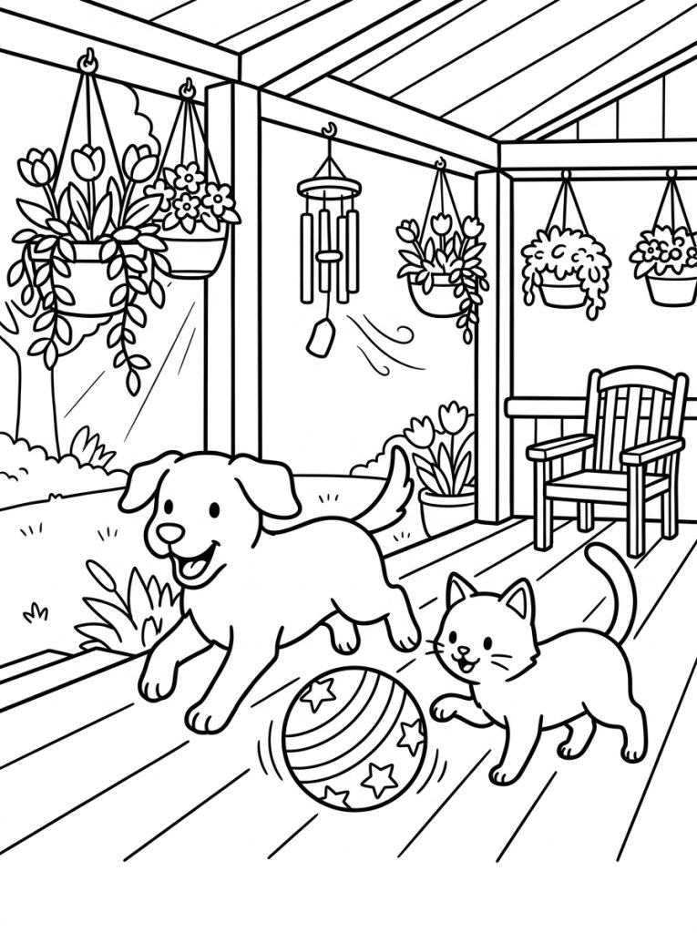 Cat And Dog Playing Ball 202609011803 Coloring Page free printable
