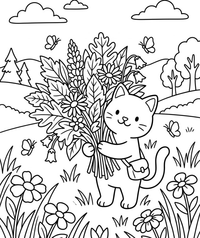 Cat Collecting Leaves And Flowers 202609011803 Coloring Page free printable