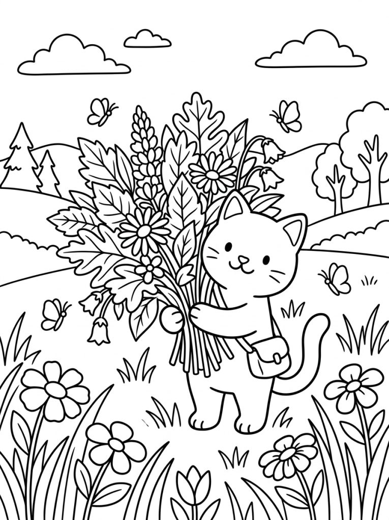 Cat Collecting Leaves And Flowers 202609011803 Coloring Page free printable