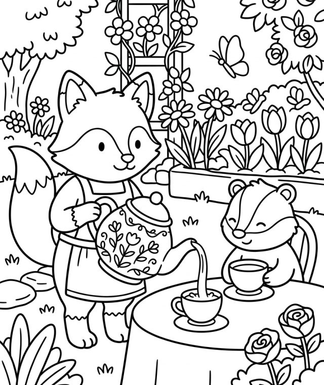 Fox Pouring Tea In Garden 202609011803 Coloring Page free printable