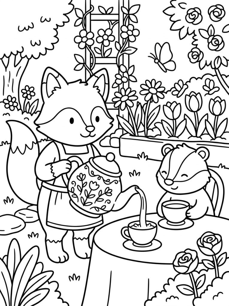 Fox Pouring Tea In Garden 202609011803 Coloring Page free printable