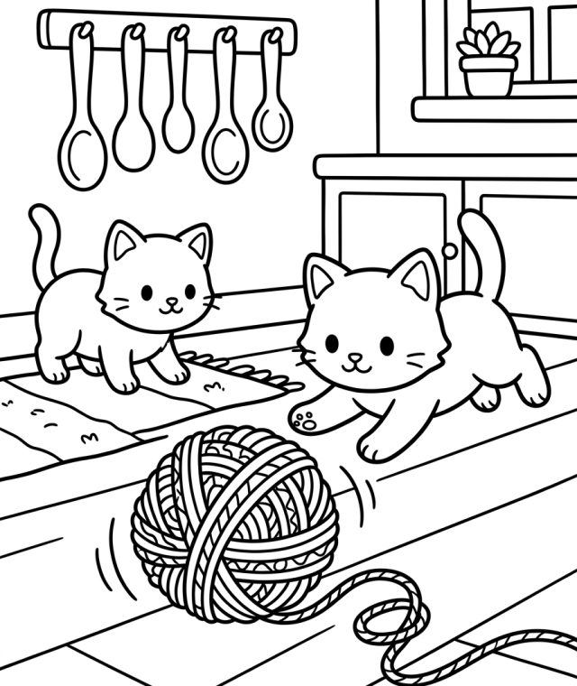 Kitten Chasing Yarn Ball 202609041938 Coloring Page free printable
