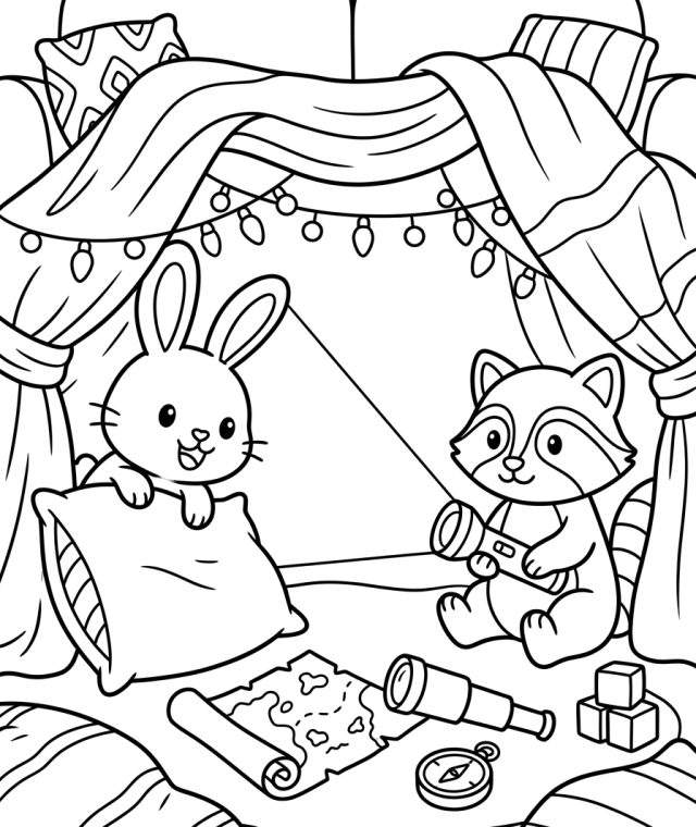 Rabbit And Raccoon Playing Fort 202609011803 Coloring Page free printable