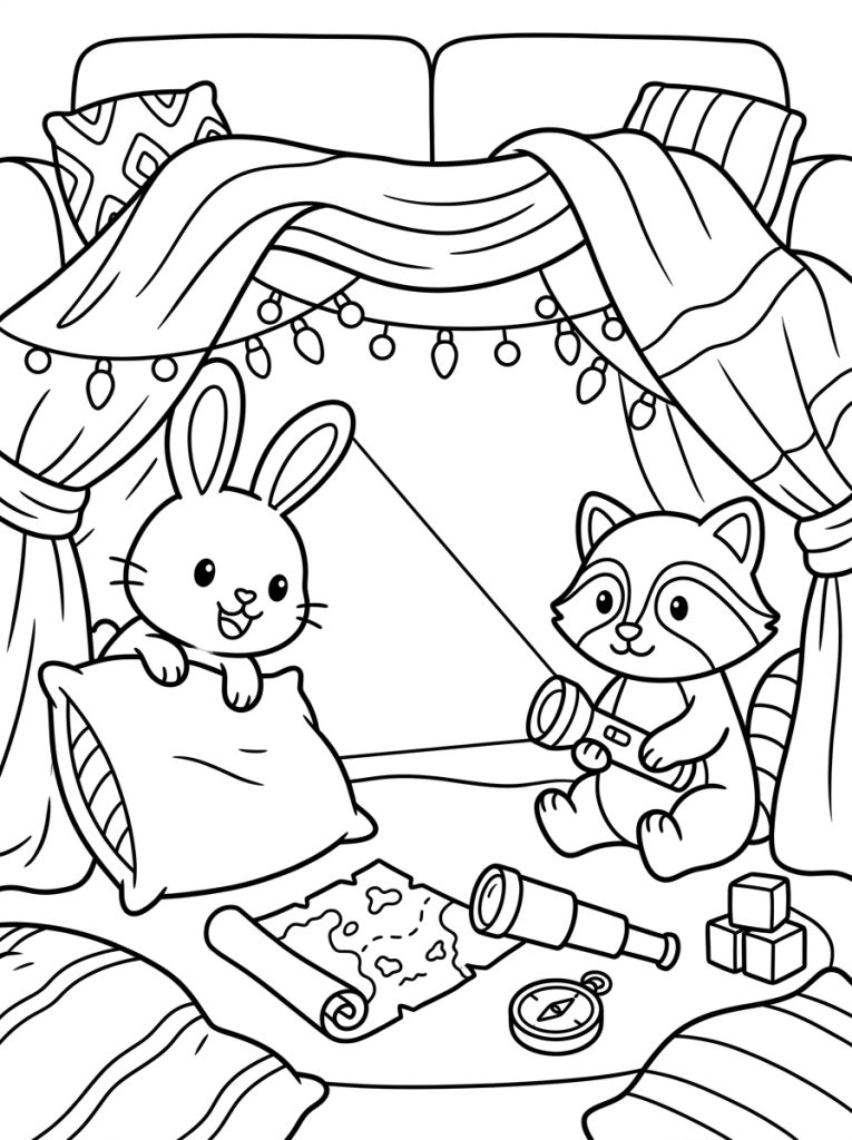 Rabbit And Raccoon Playing Fort 202609011803 Coloring Page free printable