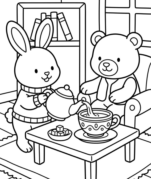 Rabbit Pouring Tea For Friend 202609011803 Coloring Page free printable
