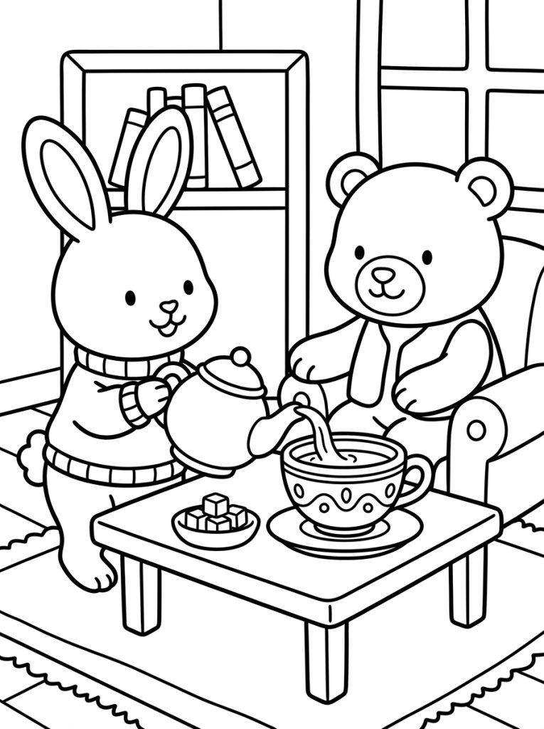 Rabbit Pouring Tea For Friend 202609011803 Coloring Page free printable