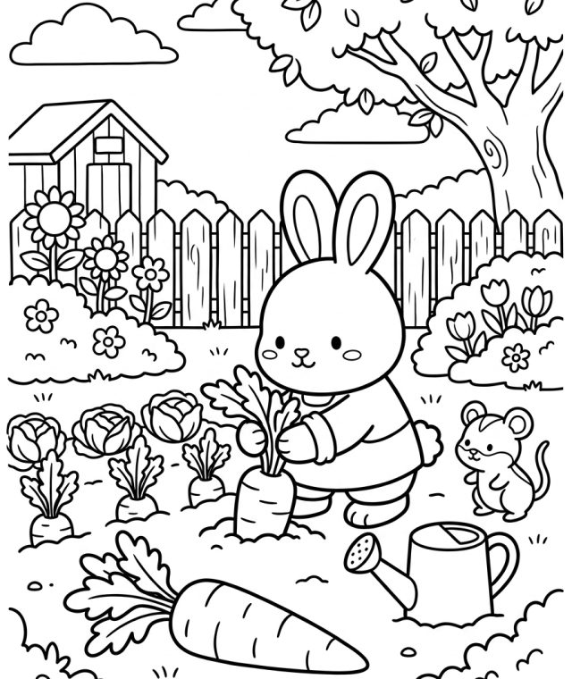 Rabbit Pulling Carrots In Garden 202609011803 Coloring Page free printable