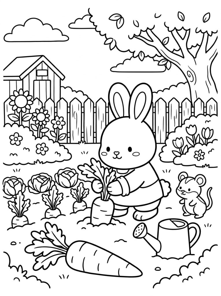 Rabbit Pulling Carrots In Garden 202609011803 Coloring Page free printable