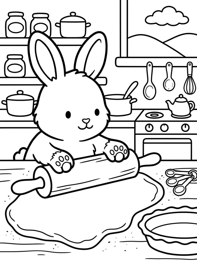 Rabbit Rolling Dough For Pie 202609011803 Coloring Page free printable
