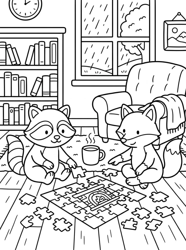 Raccoon And Fox Solving Puzzle 202609011803 Coloring Page free printable