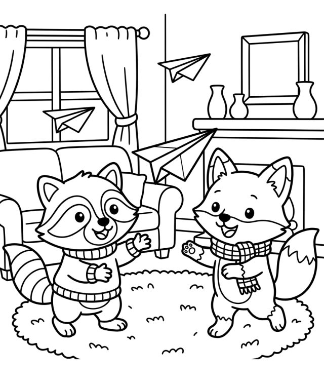 Raccoon And Fox Throwing Airplanes 202609011803 Coloring Page free printable