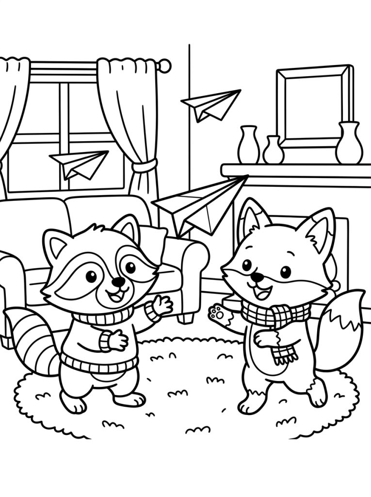 Raccoon And Fox Throwing Airplanes 202609011803 Coloring Page free printable
