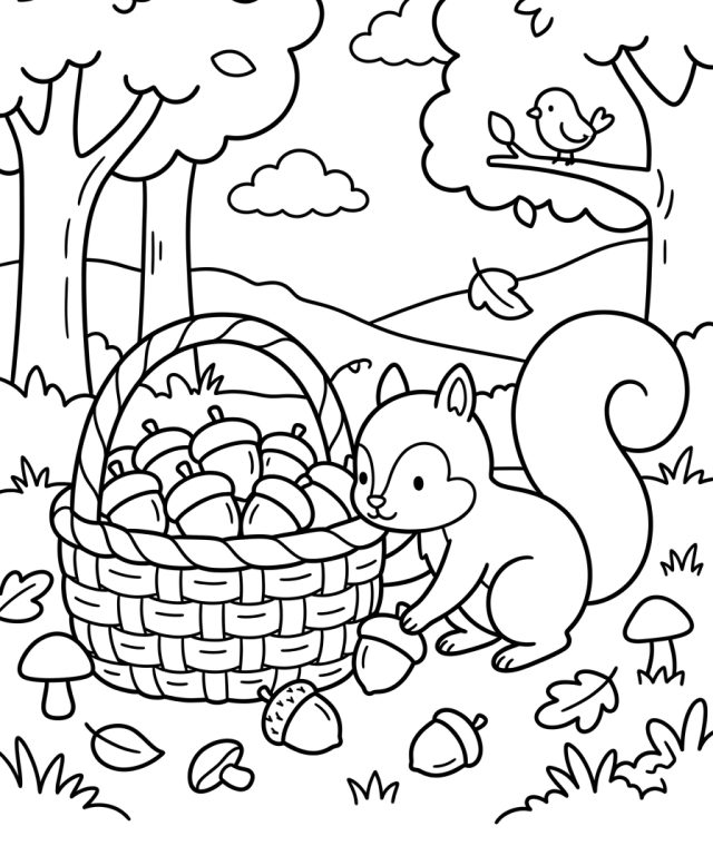 Squirrel Gathering Acorns In Forest 202609011803 Coloring Page free printable