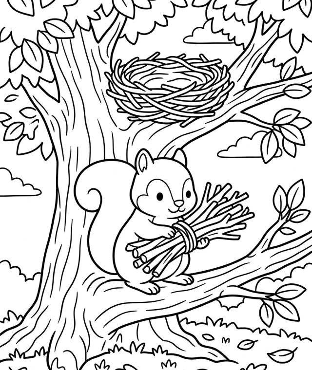 Squirrel Gathering Twigs In Tree 202609011803 Coloring Page free printable