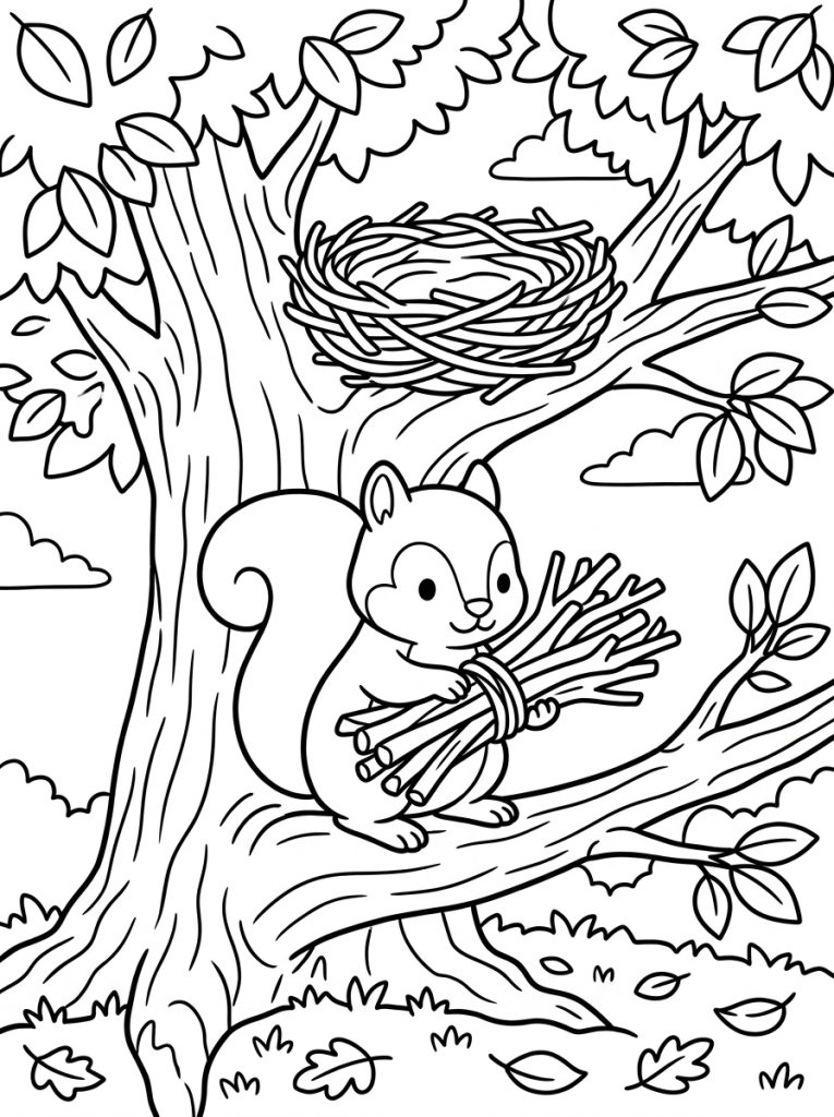 Squirrel Gathering Twigs In Tree 202609011803 Coloring Page free printable