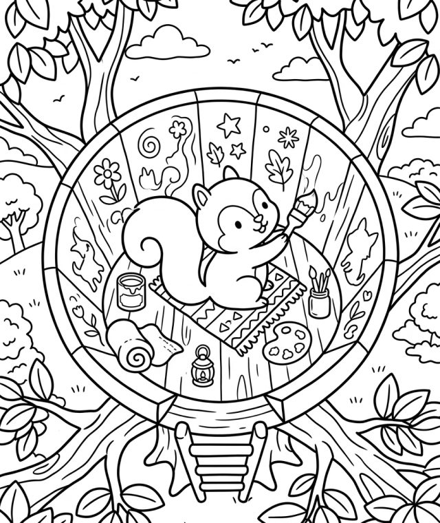 Squirrel Painting Treehouse Walls 202609011803 Coloring Page free printable