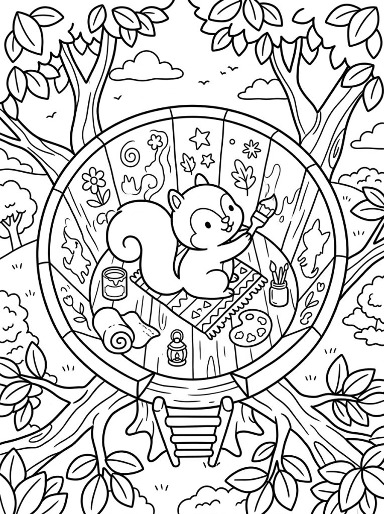 Squirrel Painting Treehouse Walls 202609011803 Coloring Page free printable