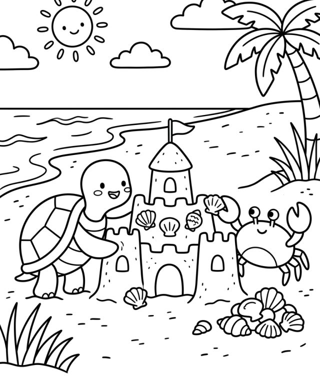 Turtle And Crab Building Sandcastle 202609011803 Coloring Page free printable