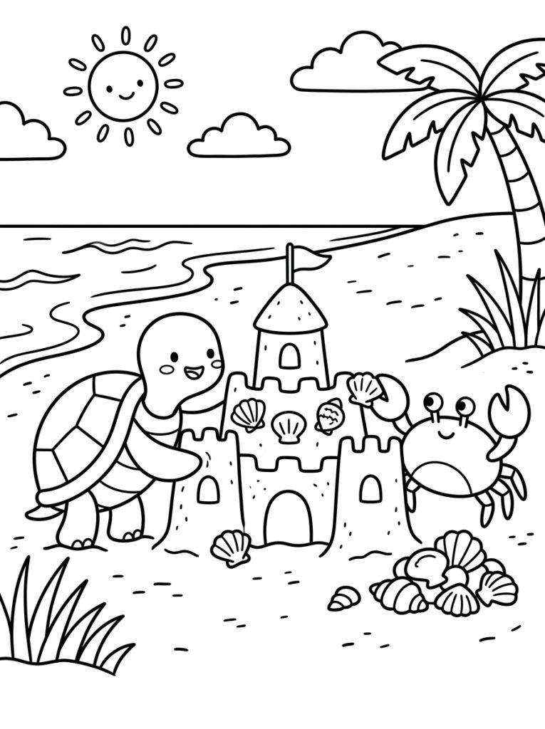Turtle And Crab Building Sandcastle 202609011803 Coloring Page free printable