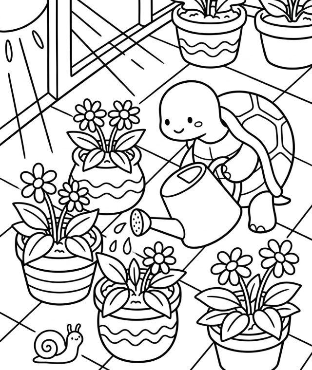 Turtle Watering Potted Plants 202609011803 Coloring Page free printable