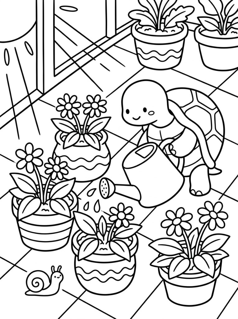 Turtle Watering Potted Plants 202609011803 Coloring Page free printable